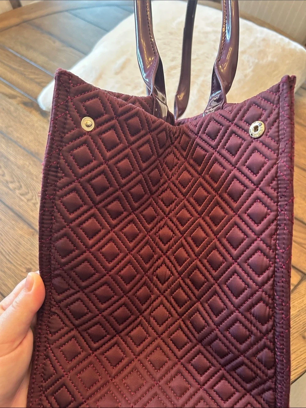 Tory Burch Marion Quilted Tote in Wine with Patent Handles like new